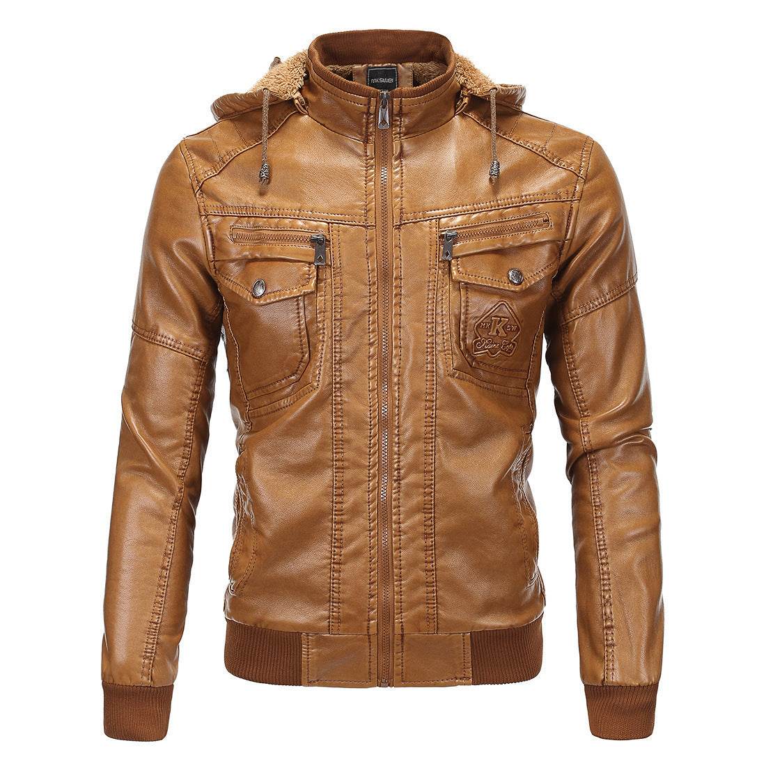 Fleece Warm Leather Jacket With Hooded Leather Jacket - Mubimart
