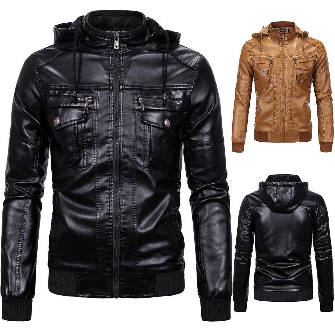Fleece Warm Leather Jacket With Hooded Leather Jacket - Mubimart