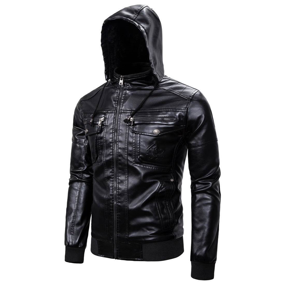 Fleece Warm Leather Jacket With Hooded Leather Jacket - Mubimart