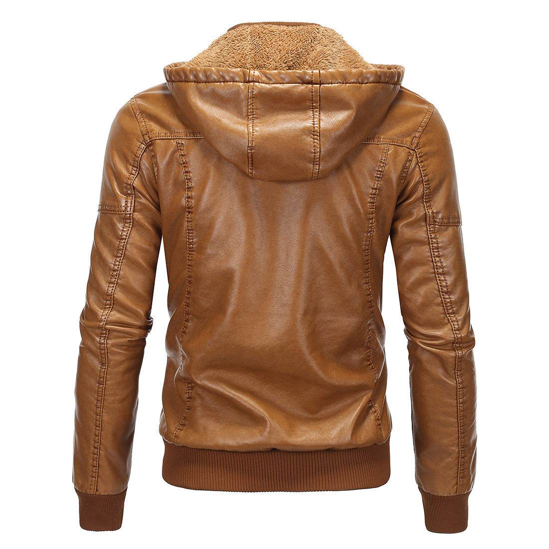 Fleece Warm Leather Jacket With Hooded Leather Jacket - Mubimart