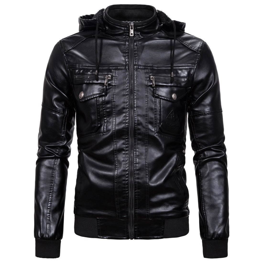 Fleece Warm Leather Jacket With Hooded Leather Jacket - Mubimart