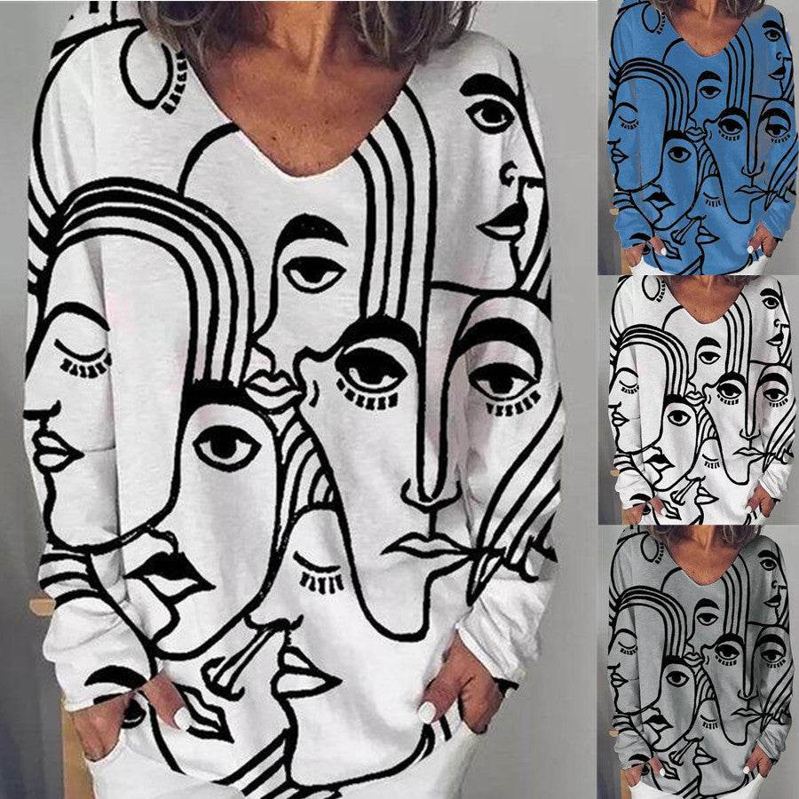 Abstract Print Long Sleeve Loose Plus Size T-shirt - Mubimart