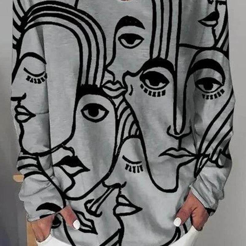 Abstract Print Long Sleeve Loose Plus Size T-shirt - Mubimart