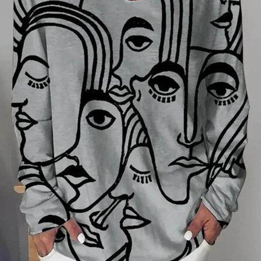 Abstract Print Long Sleeve Loose Plus Size T-shirt - Mubimart