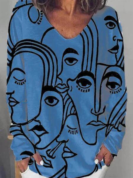Abstract Print Long Sleeve Loose Plus Size T-shirt - Mubimart