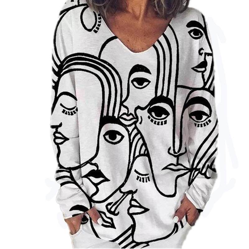 Abstract Print Long Sleeve Loose Plus Size T-shirt - Mubimart