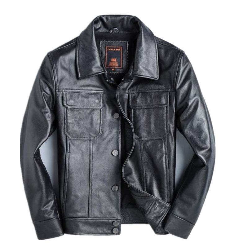 Top Layer Cowhide Leather Leather Jacket Men's Short Slim Leather Jacket Jacket - Mubimart