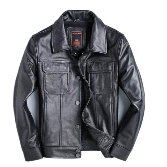 Top Layer Cowhide Leather Leather Jacket Men's Short Slim Leather Jacket Jacket - Mubimart