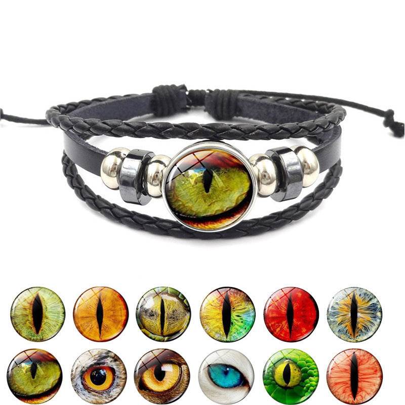 Vintage Animal Eyes Sunny Time Gemstone Bracelet Multilayer Braided Beaded Leather Bracelet - Mubimart