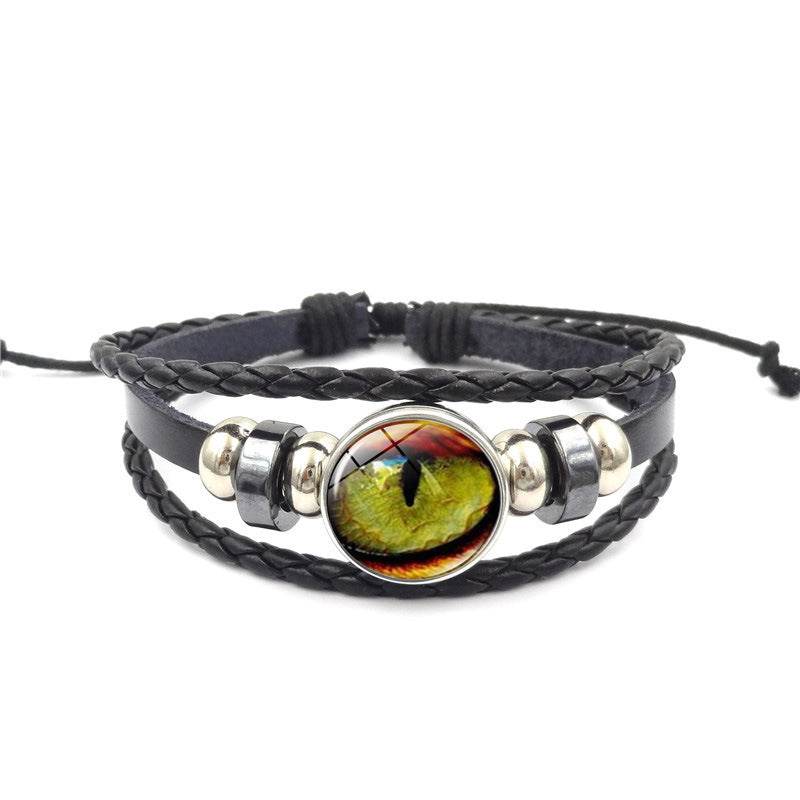 Vintage Animal Eyes Sunny Time Gemstone Bracelet Multilayer Braided Beaded Leather Bracelet - Mubimart