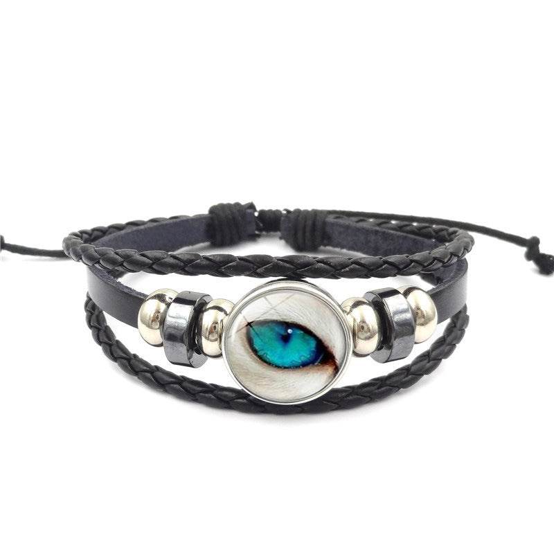 Vintage Animal Eyes Sunny Time Gemstone Bracelet Multilayer Braided Beaded Leather Bracelet - Mubimart