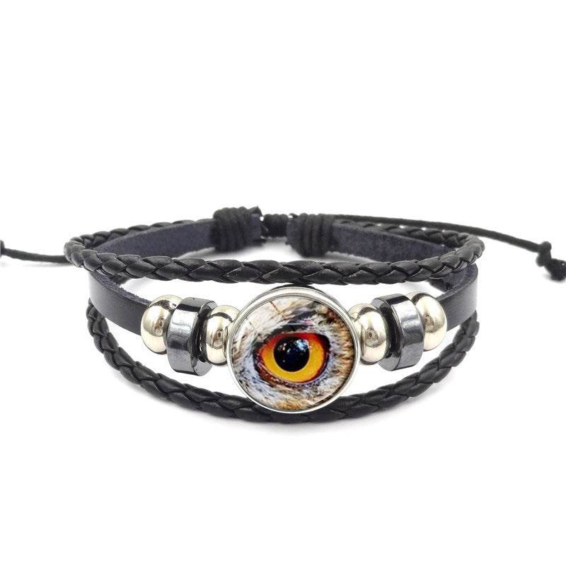Vintage Animal Eyes Sunny Time Gemstone Bracelet Multilayer Braided Beaded Leather Bracelet - Mubimart
