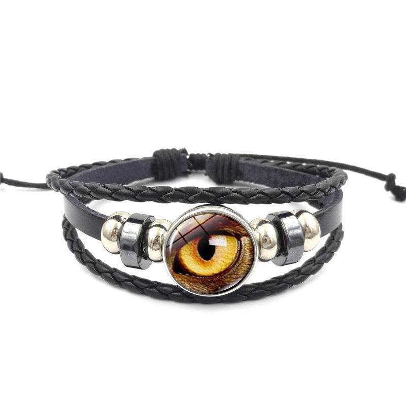 Vintage Animal Eyes Sunny Time Gemstone Bracelet Multilayer Braided Beaded Leather Bracelet - Mubimart