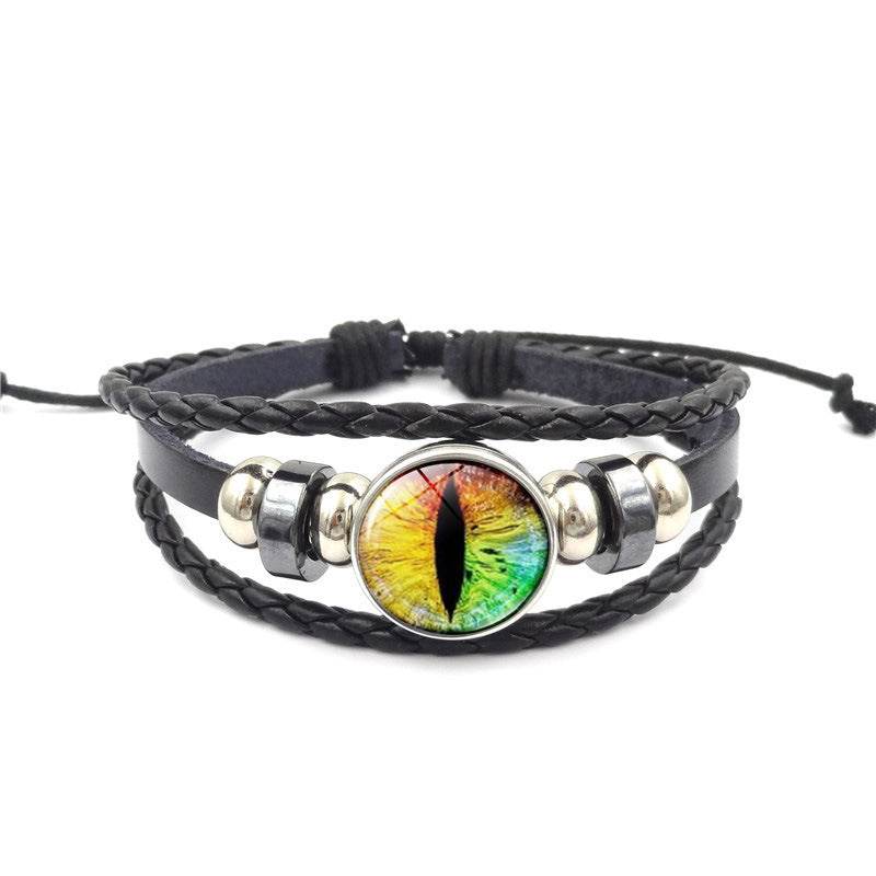 Vintage Animal Eyes Sunny Time Gemstone Bracelet Multilayer Braided Beaded Leather Bracelet - Mubimart