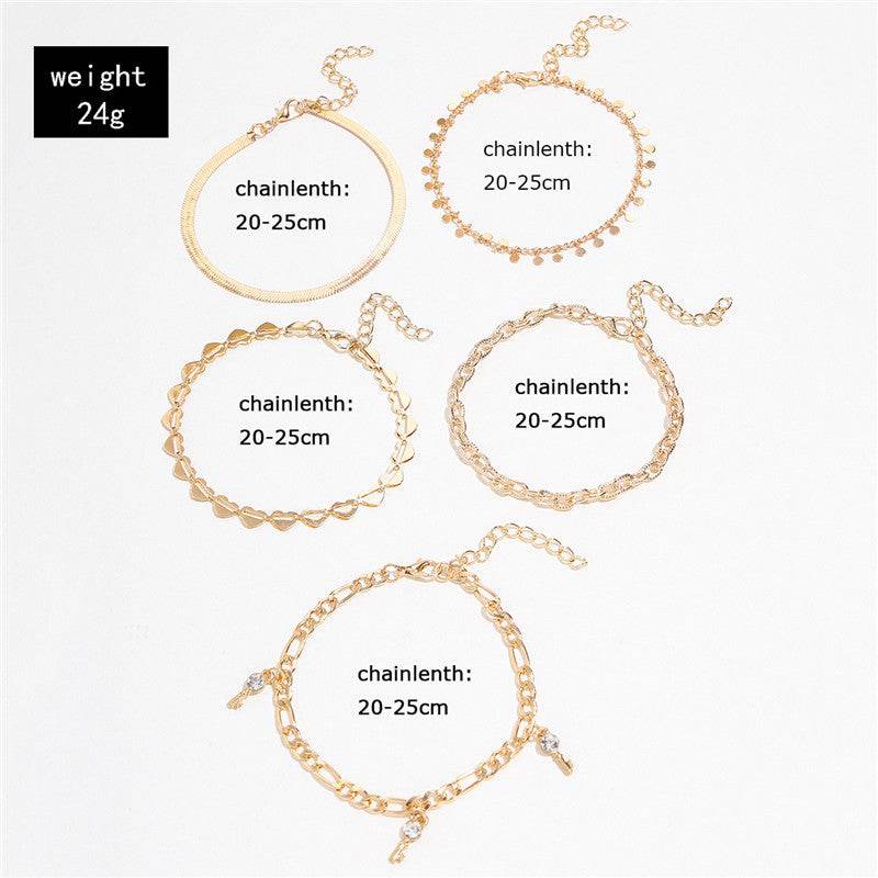5 Pcs Women Fashion Gold Color Heart Crystal Key Anklets For Women Trendy Snake Chain Anklets For Women Foot Jewelry Gifts - Mubimart