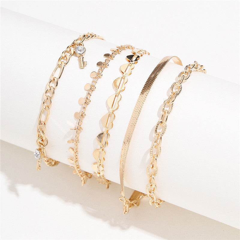 5 Pcs Women Fashion Gold Color Heart Crystal Key Anklets For Women Trendy Snake Chain Anklets For Women Foot Jewelry Gifts - Mubimart