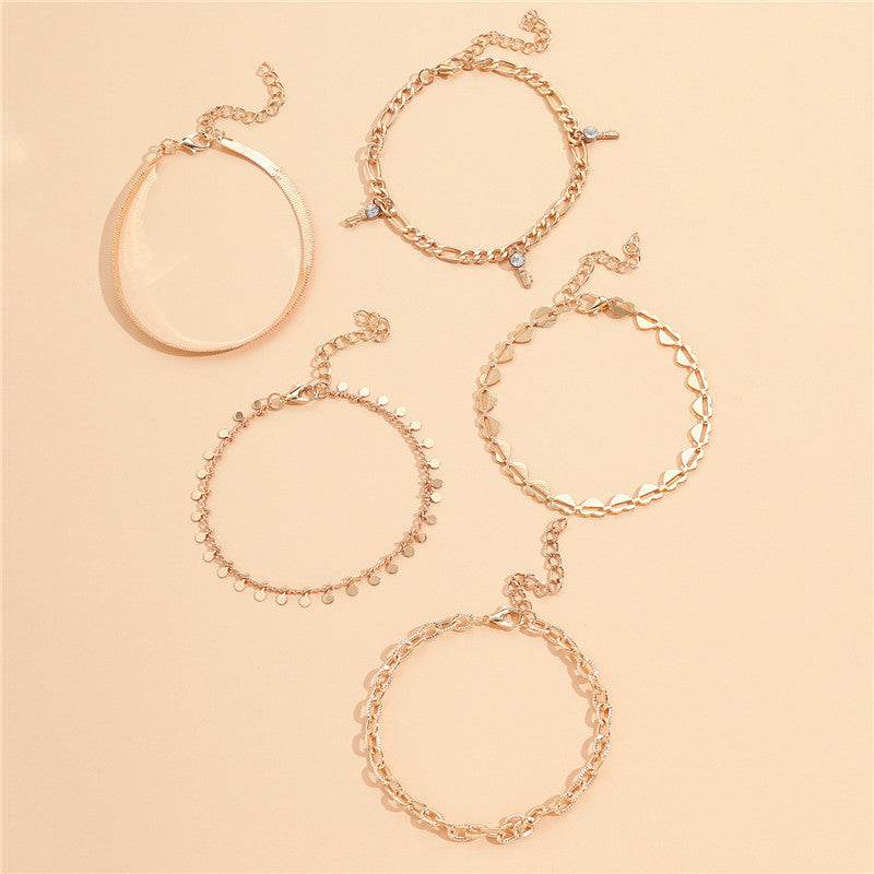 5 Pcs Women Fashion Gold Color Heart Crystal Key Anklets For Women Trendy Snake Chain Anklets For Women Foot Jewelry Gifts - Mubimart