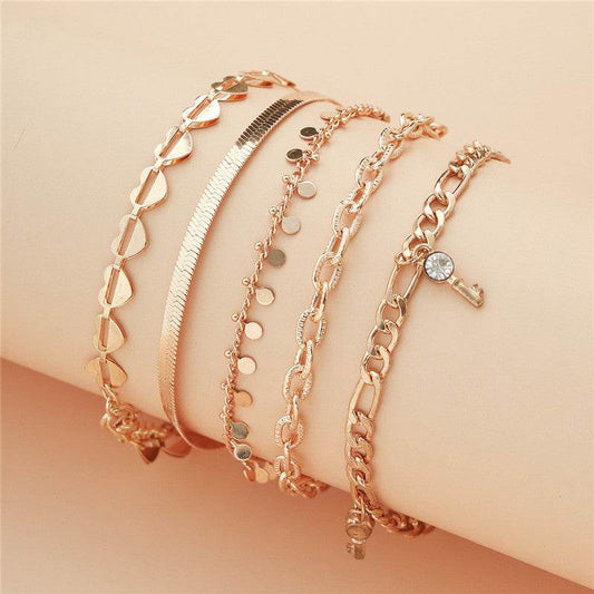 5 Pcs Women Fashion Gold Color Heart Crystal Key Anklets For Women Trendy Snake Chain Anklets For Women Foot Jewelry Gifts - Mubimart