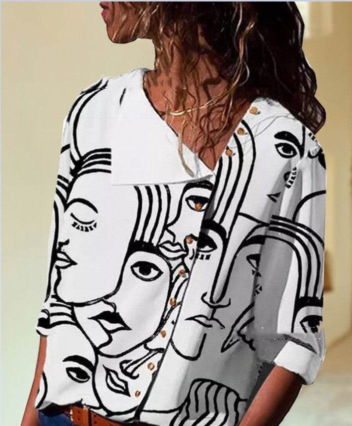 Abstract Print Long Sleeve Loose Plus Size T-shirt - Mubimart