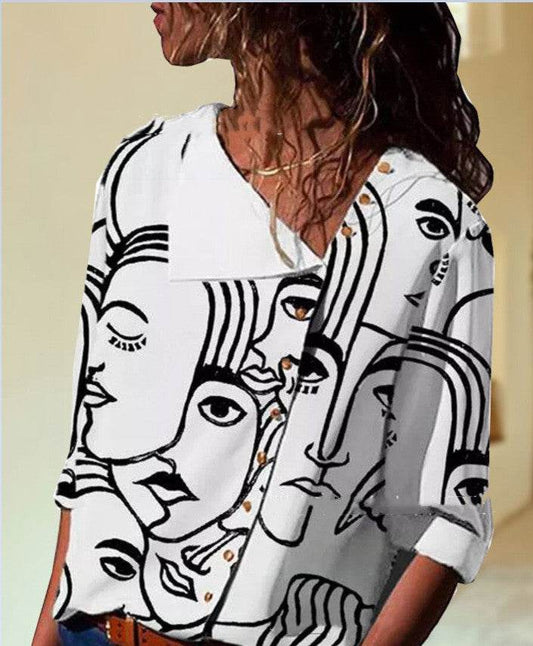 Abstract Print Long Sleeve Loose Plus Size T-shirt - Mubimart