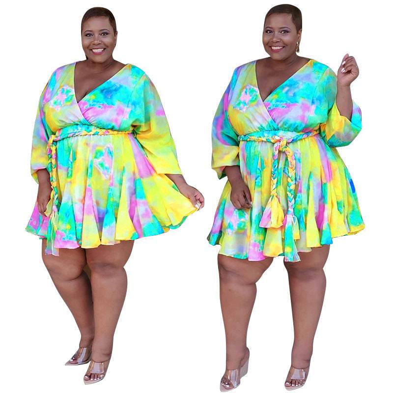 Women Long Sleeve Mini Bodycon Dress Print Pleated Sexy Club Party V-Neck Shases Plus Size S-5XL Dress - Mubimart