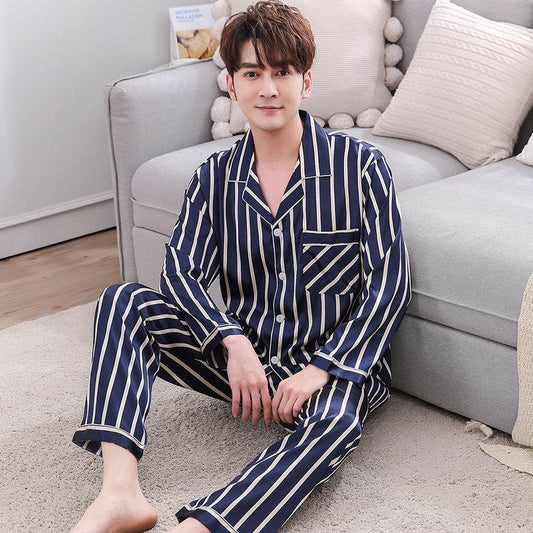 Imitation Silk Couple Pajamas Striped Ladies And Mens Silk Home Service Korean Style Lapel Thin Suit - Mubimart