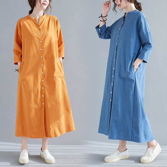 New Spring And Summer Loose Plus Size Women's Linen Over The Knee Long Shirt Skirt Age-Reducing And Thin Temperament Dress - Mubimart