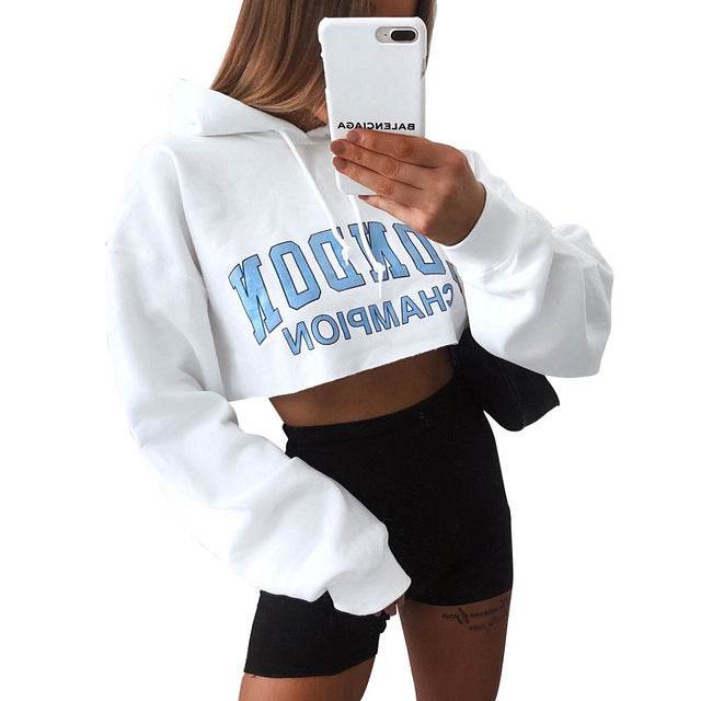 Explosion Style Autumn Long-Sleeved Hoodie Women Crop Top White - Mubimart