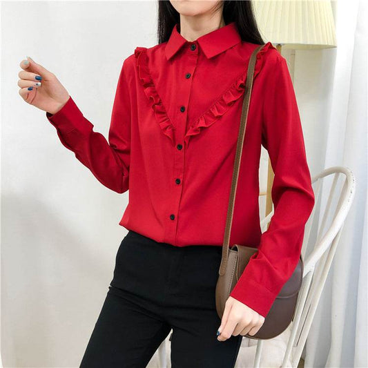 New Fashion All Match Ruffled Retro Solid Color Blouse Women - Mubimart