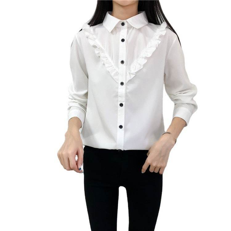 New Fashion All Match Ruffled Retro Solid Color Blouse Women - Mubimart