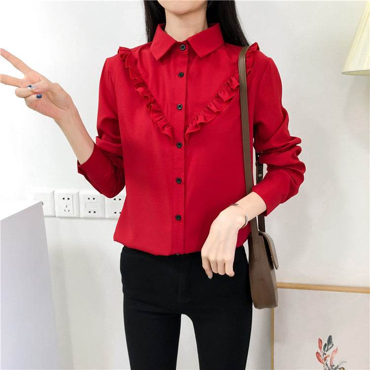 New Fashion All Match Ruffled Retro Solid Color Blouse Women - Mubimart