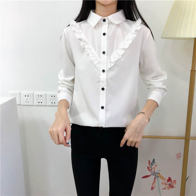 New Fashion All Match Ruffled Retro Solid Color Blouse Women - Mubimart