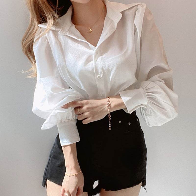 Lapel Single-Breasted Blouse With Lantern Sleeves Women - Mubimart