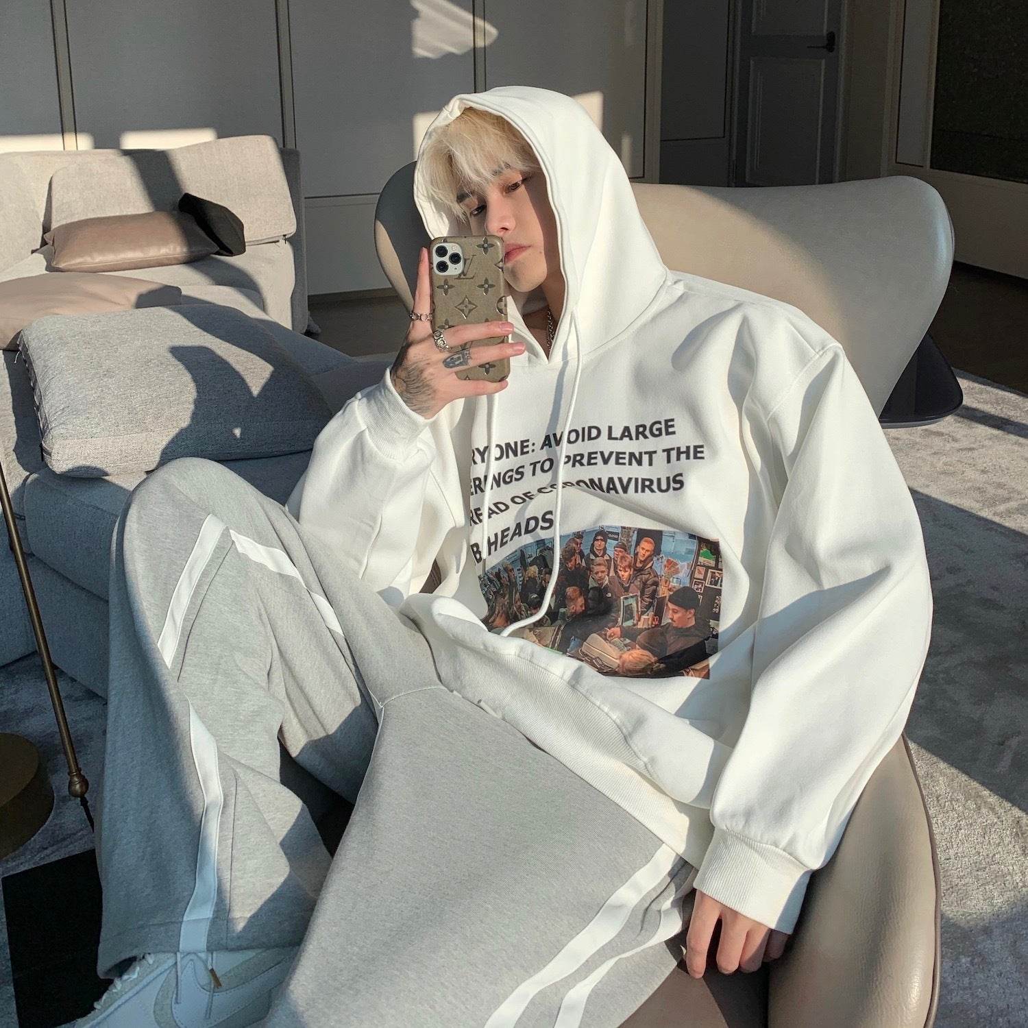 Four Seasons All-Match European And American Mens SweatersStyle Printed Hooded Sweater Mens Letter Design Sweater Couple Outfit - Mubimart