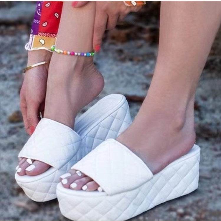 Solid Plaid Platform Sandals Women Shoes Hot Thick Sole Slipper Summer Autumn Slides Plus Size 43 Zapatillas Mujer Casa - Mubimart