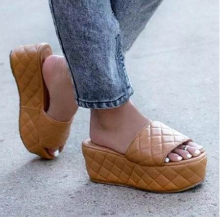 Solid Plaid Platform Sandals Women Shoes Hot Thick Sole Slipper Summer Autumn Slides Plus Size 43 Zapatillas Mujer Casa - Mubimart