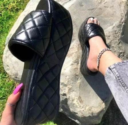 Solid Plaid Platform Sandals Women Shoes Hot Thick Sole Slipper Summer Autumn Slides Plus Size 43 Zapatillas Mujer Casa - Mubimart