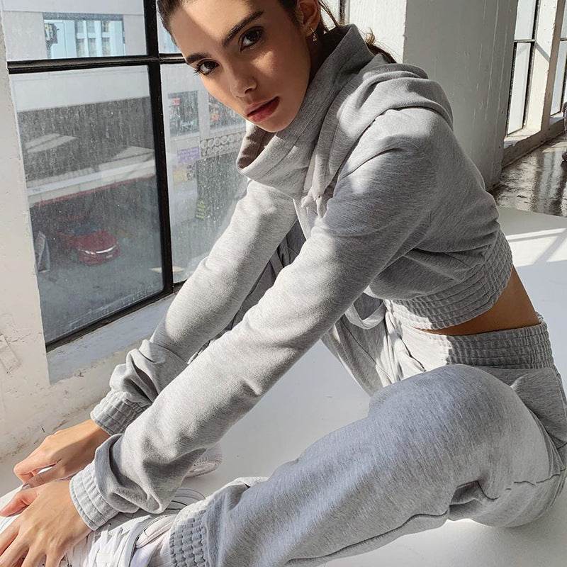 Long Sleeves Crop Top 2 Two Piece Set Women - Mubimart