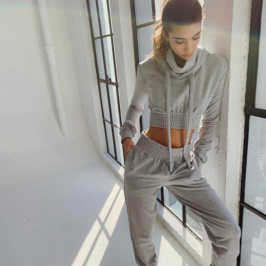 Long Sleeves Crop Top 2 Two Piece Set Women - Mubimart