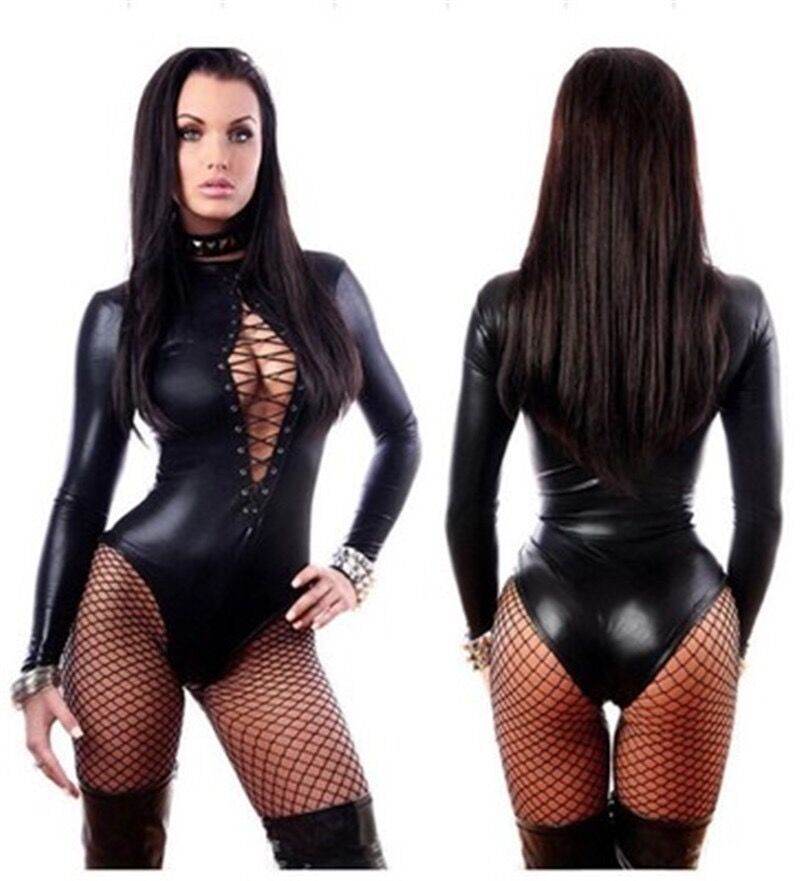 Leather Jumpsuits Bandage Bodycon Costume Leather Cat Girl Sexy Black Hot Fitness Bodysuits - Mubimart