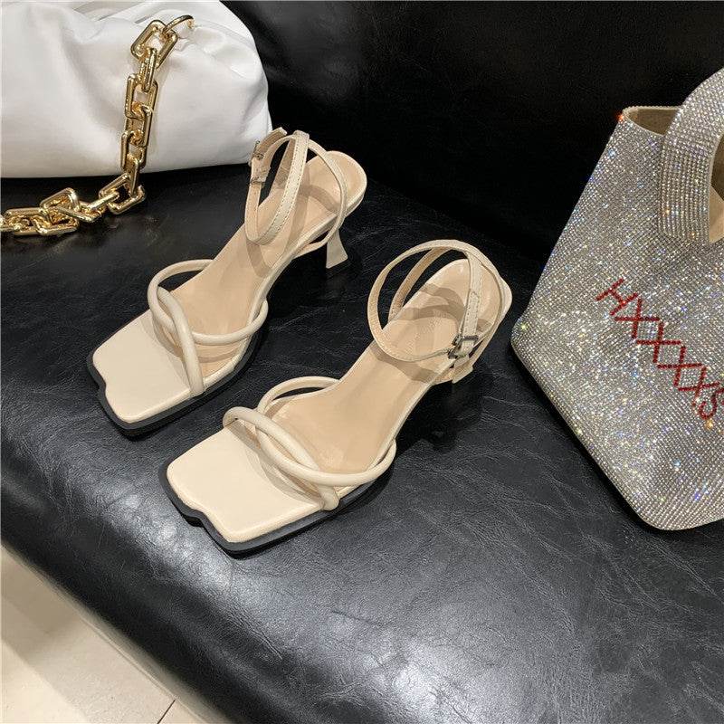 new net celebrity ins word with Roman sandals female fairy wind summer wild mid-heel square toe stilettos - Mubimart