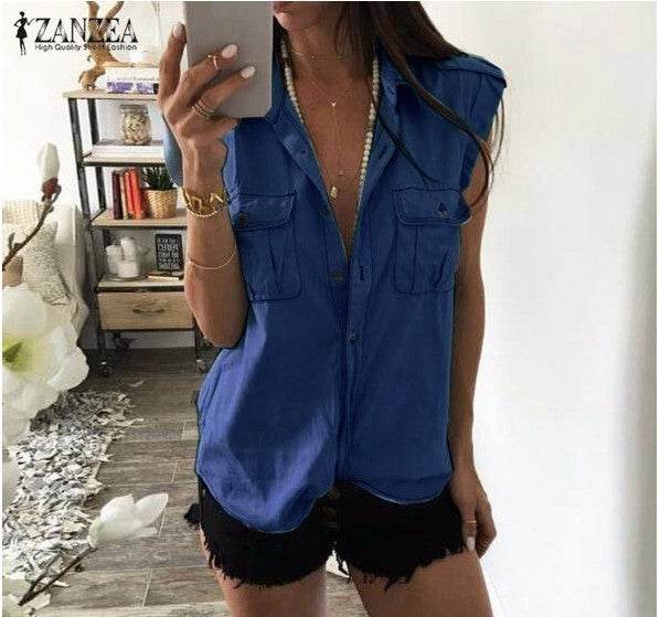 Summer Women Vintage Buttons Pockets Blouses Sexy Sleeveless Jeans Denim Blue Shirts - Mubimart
