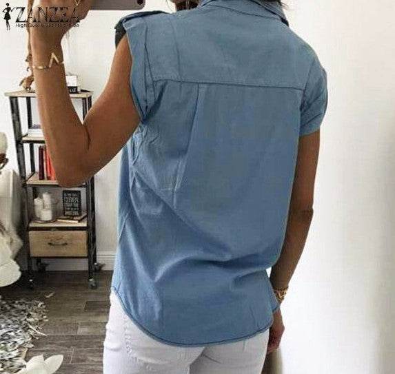 Summer Women Vintage Buttons Pockets Blouses Sexy Sleeveless Jeans Denim Blue Shirts - Mubimart