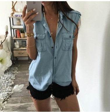 Summer Women Vintage Buttons Pockets Blouses Sexy Sleeveless Jeans Denim Blue Shirts - Mubimart