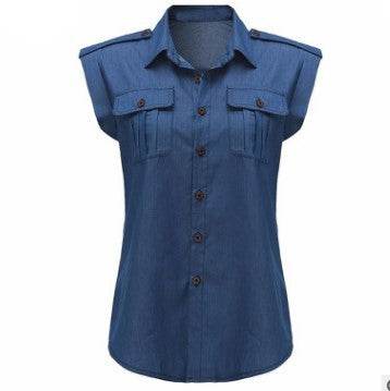 Summer Women Vintage Buttons Pockets Blouses Sexy Sleeveless Jeans Denim Blue Shirts - Mubimart