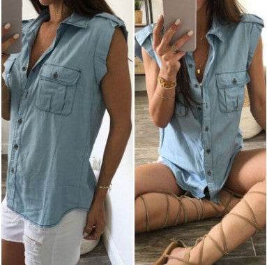 Summer Women Vintage Buttons Pockets Blouses Sexy Sleeveless Jeans Denim Blue Shirts - Mubimart