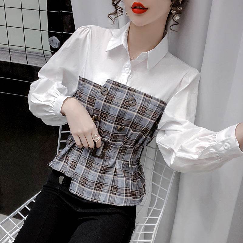 Women s Fake Two Piece Blouse With Plaid Shirt - Mubimart
