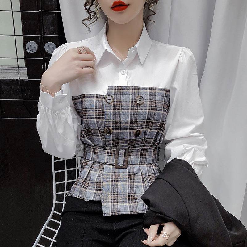 Women s Fake Two Piece Blouse With Plaid Shirt - Mubimart