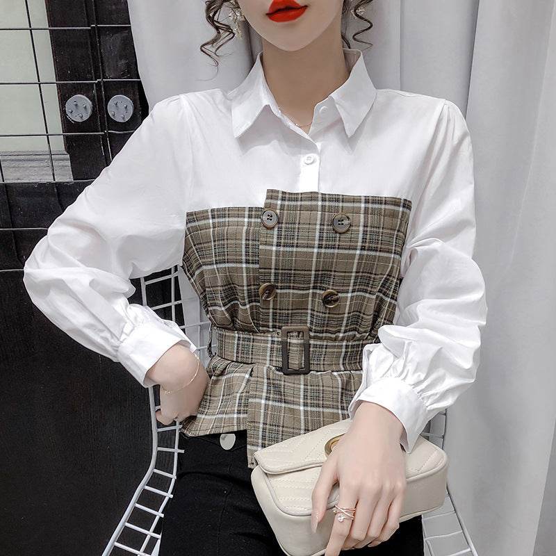 Women s Fake Two Piece Blouse With Plaid Shirt - Mubimart