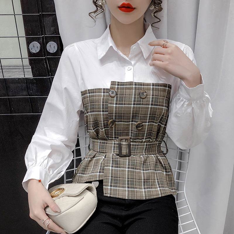 Women s Fake Two Piece Blouse With Plaid Shirt - Mubimart